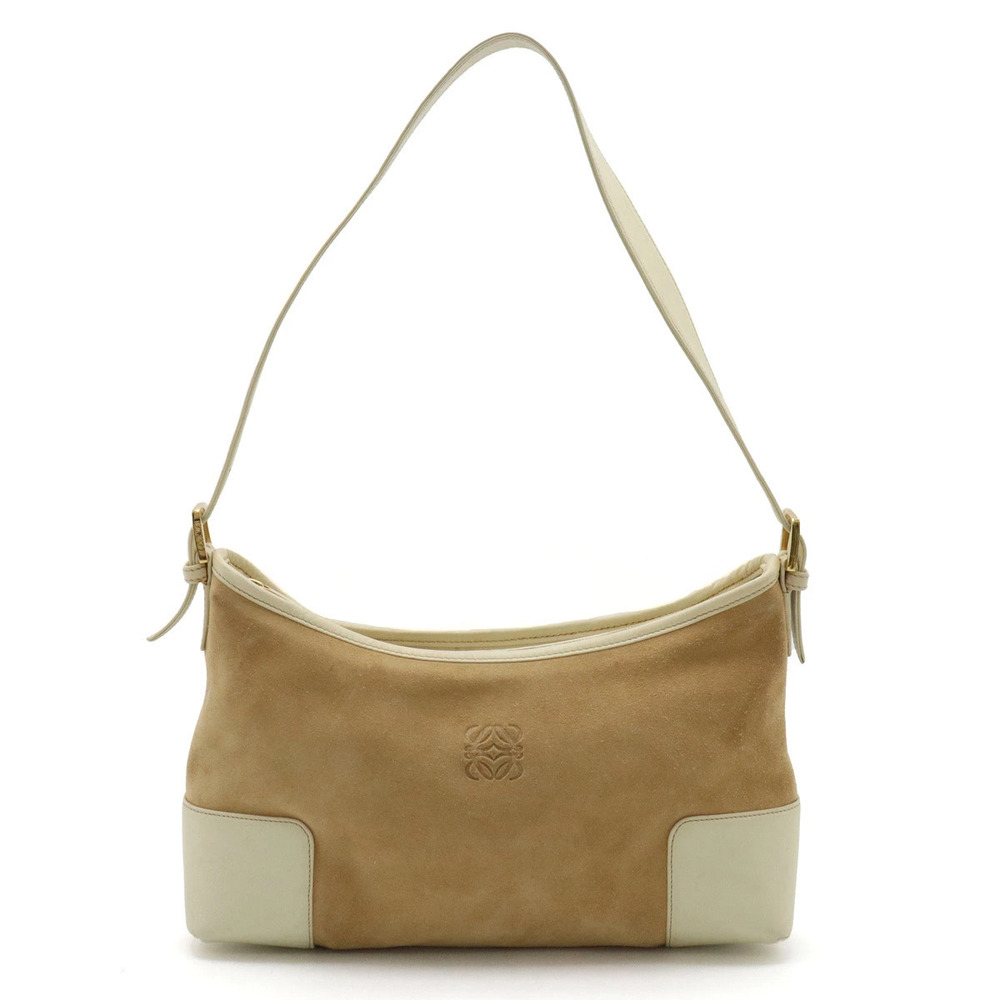 Loewe Anagram Shoulder Bag Hobo Suede Leather Beige Cream Ivory White